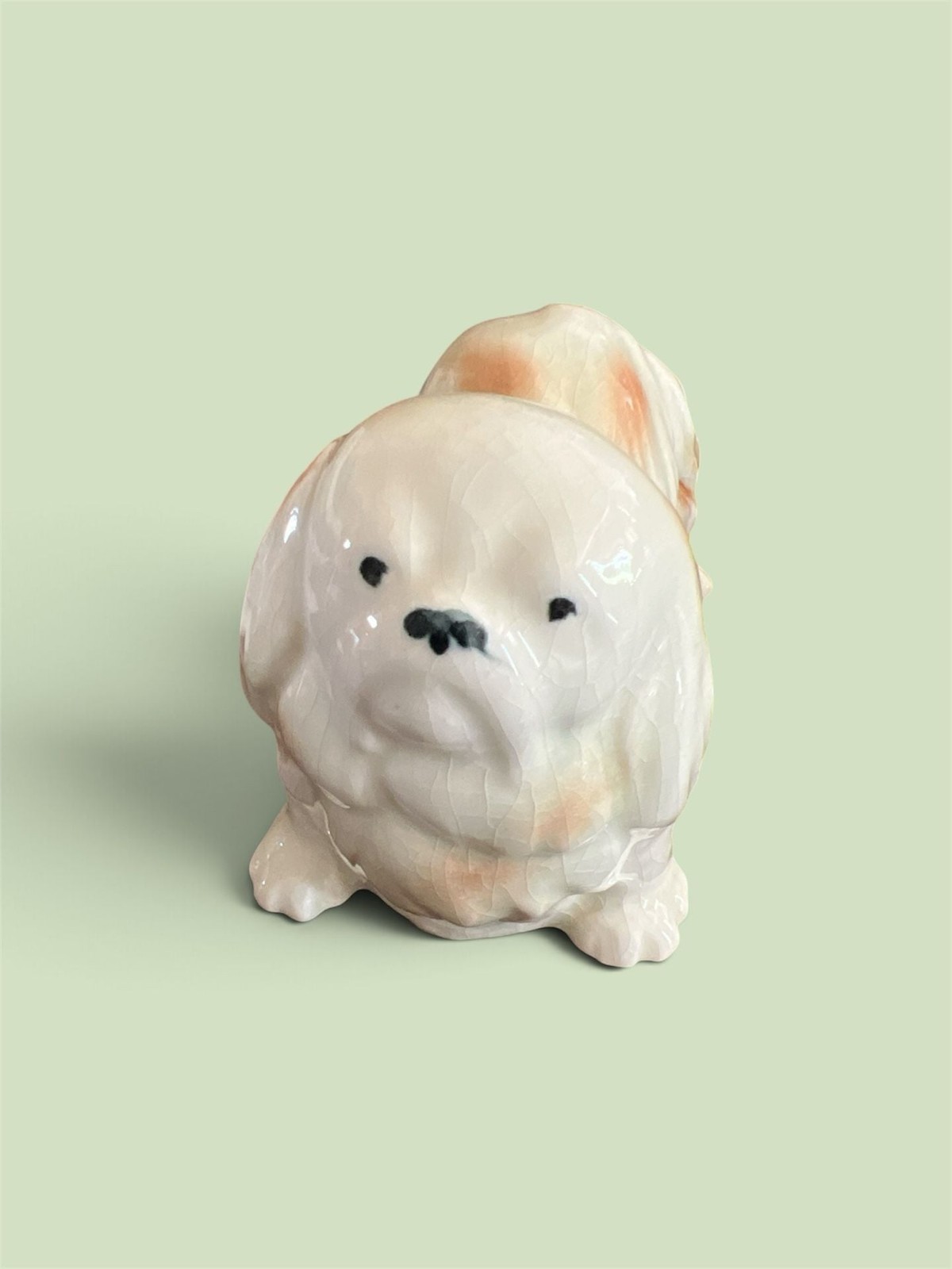 Vintage Ceramic Pekingese Dog Figurine White Brown Crackle Glaze