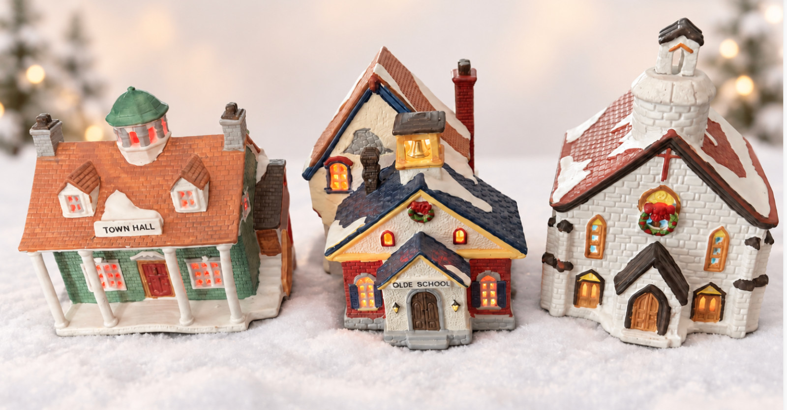 Vintage Lemax 1993 Lighted Christmas Village Town Hall School Church Lot of 3 Vintage Lemax 1993 Lighted Christmas Village Town Hall School Church Lot of 3