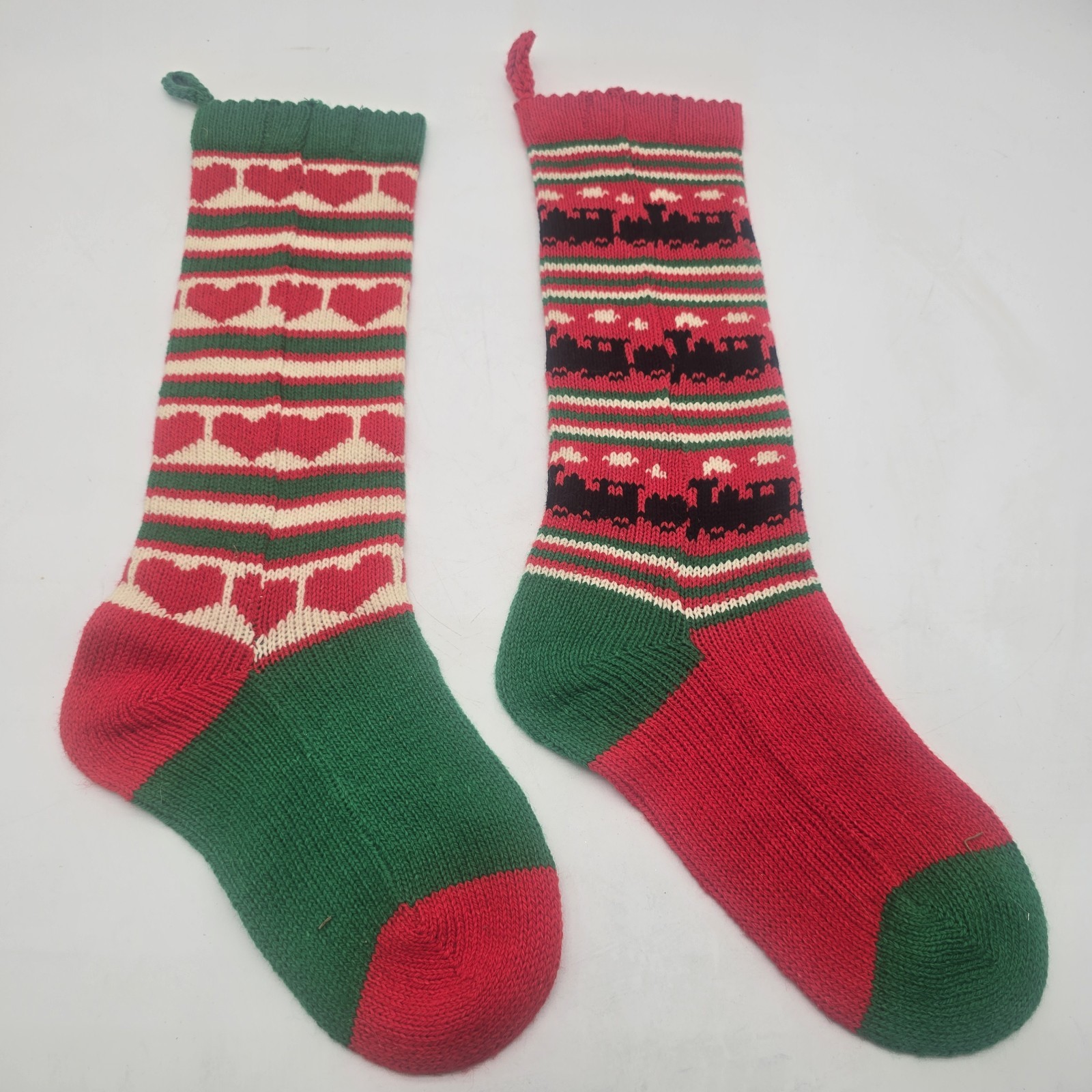 2 VTG Large Wool Christmas Stockings Hearts & Train Sand DOLLAR Designs 2 VTG Large Wool Christmas Stockings Hearts & Train Sand DOLLAR Designs