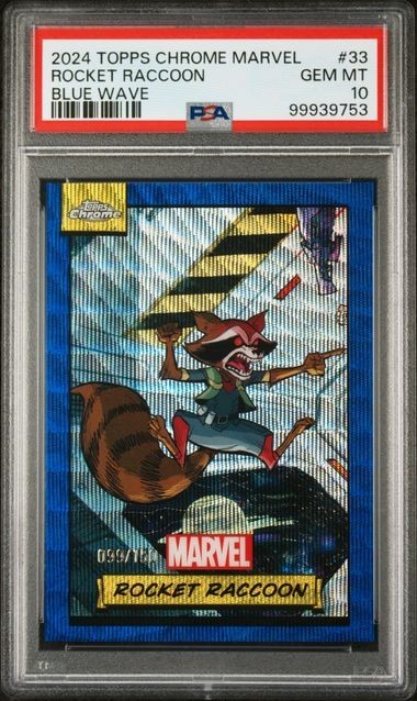 2024 Topps Chrome Marvel Rocket Raccoon Blue Wave Refractor PSA 10 2024 Topps Chrome Marvel Rocket Raccoon Blue Wave Refractor PSA 10