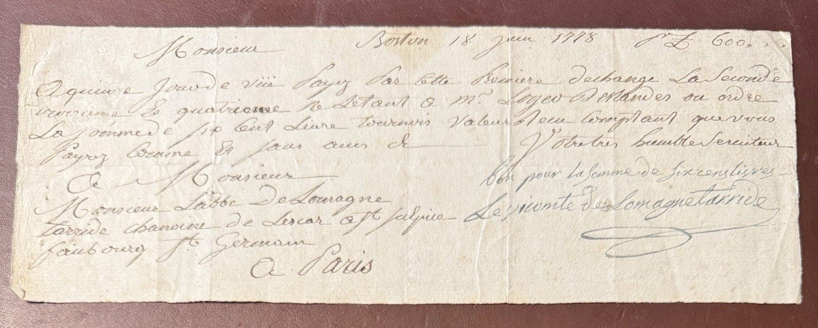 1778 Bordeaux France Bill of Exchange
