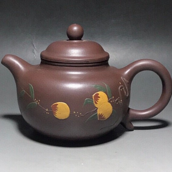 Handmade Yixing Zisha Teapot, Vintage Peach Painting, Domed Lid & Rounded Body