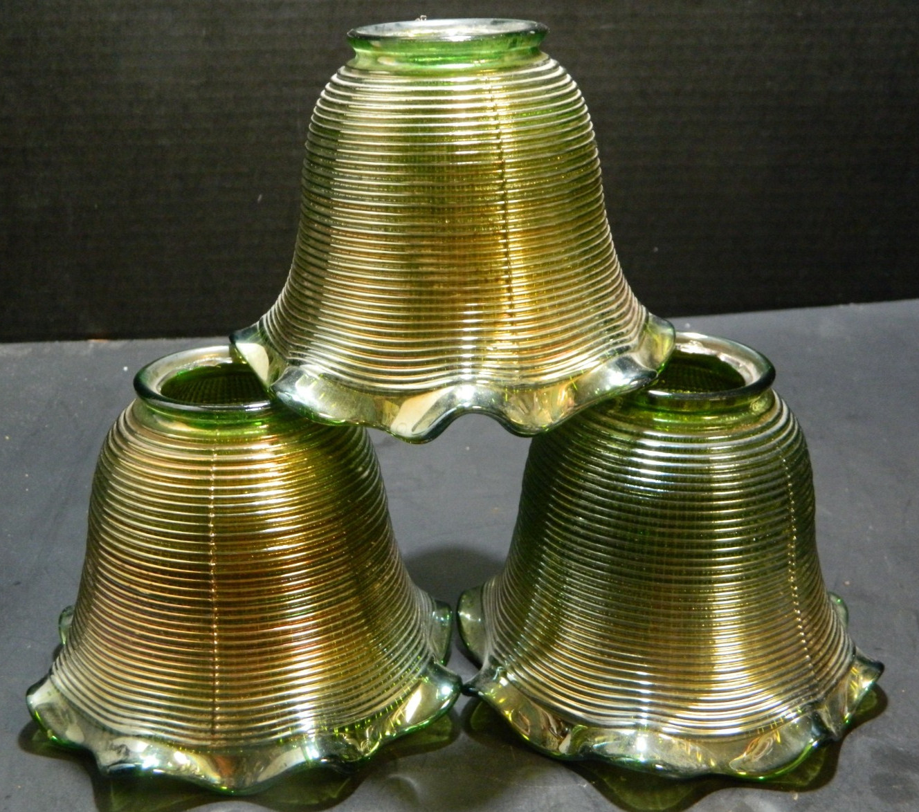 Antique (3) Green Nuart Carnival Glass Ribbed Shades 3.88\