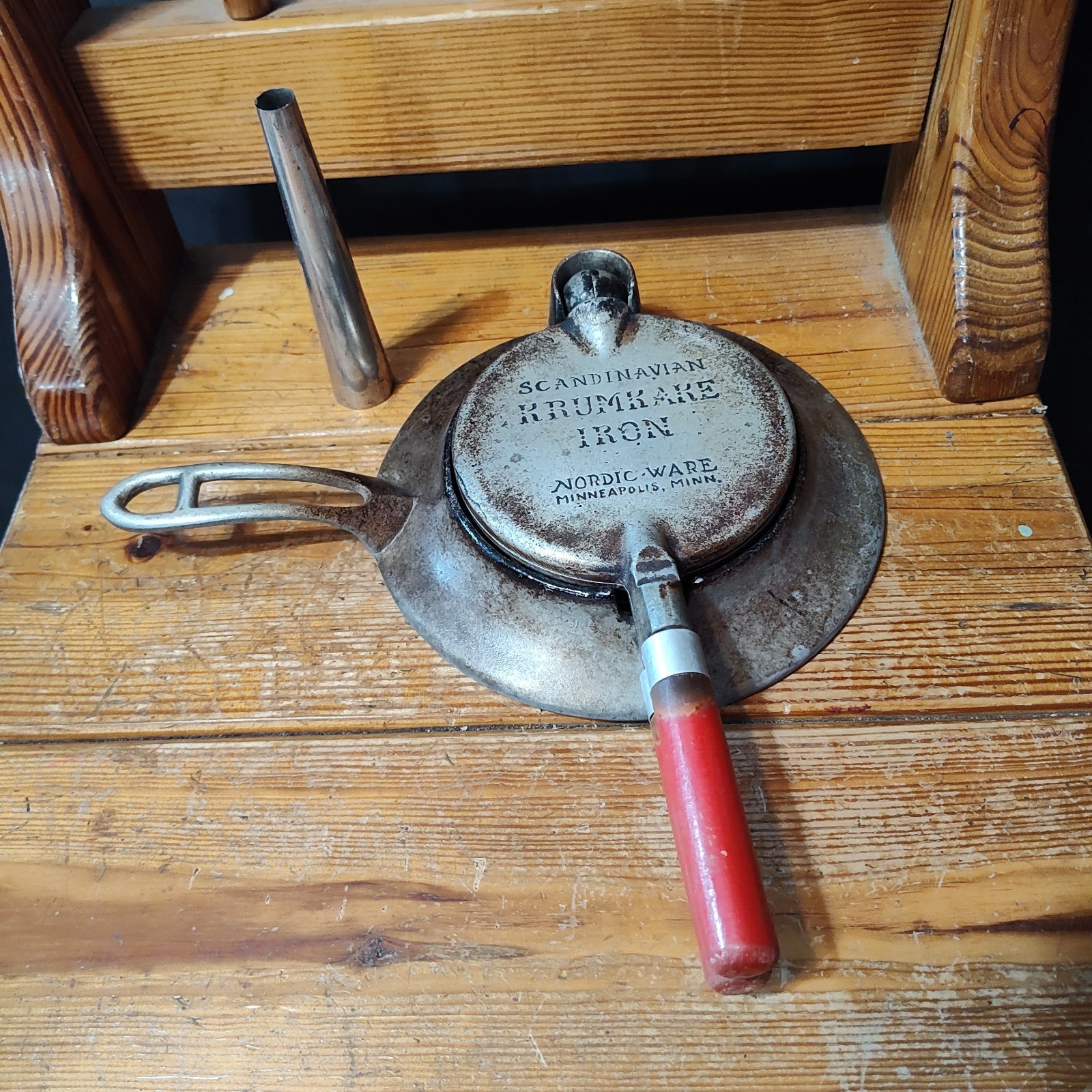 Vtg Scandinavian Nordic Ware Krumkake Iron with Wood Handle Stand & Cone Minneap