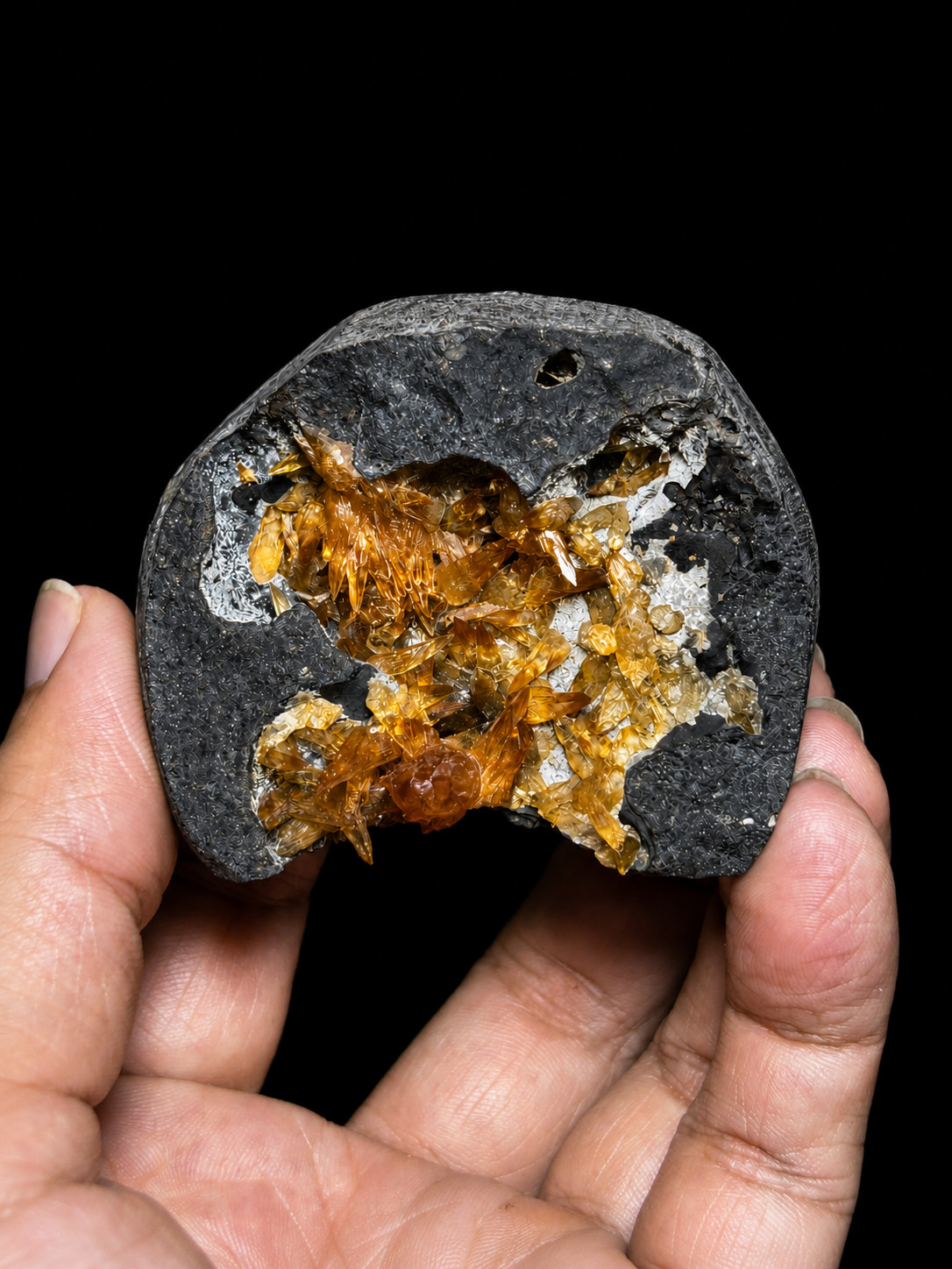 187g UV Reactive Golden Calcite Phantom Cluster on Basalt - Rare Vietnam Specime