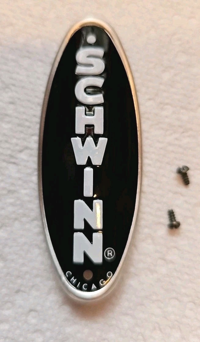 SCHWINN APPROVED BLACK HEADBADGE FOR STING-RAY  WITH 2 N.O.S. LONG SCREWS