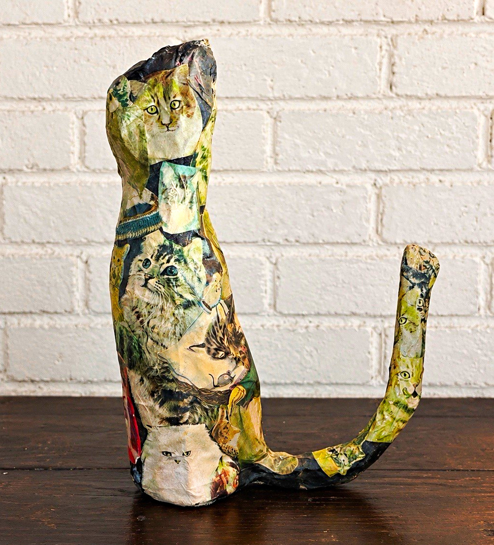 Handmade Paper Mache Cat Sculpture Collage Decoupage Folk Art Cat Lover Gift 12” Handmade Paper Mache Cat Sculpture Collage Decoupage Folk Art Cat Lover Gift 12”