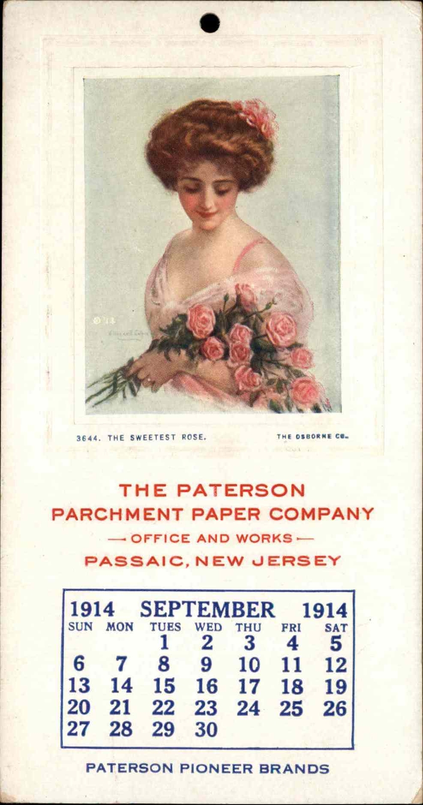 1914 Calendar Ad PASSAIC NJ Paterson Parchment Paper Co BEAUTIFUL WOMAN ROSES
