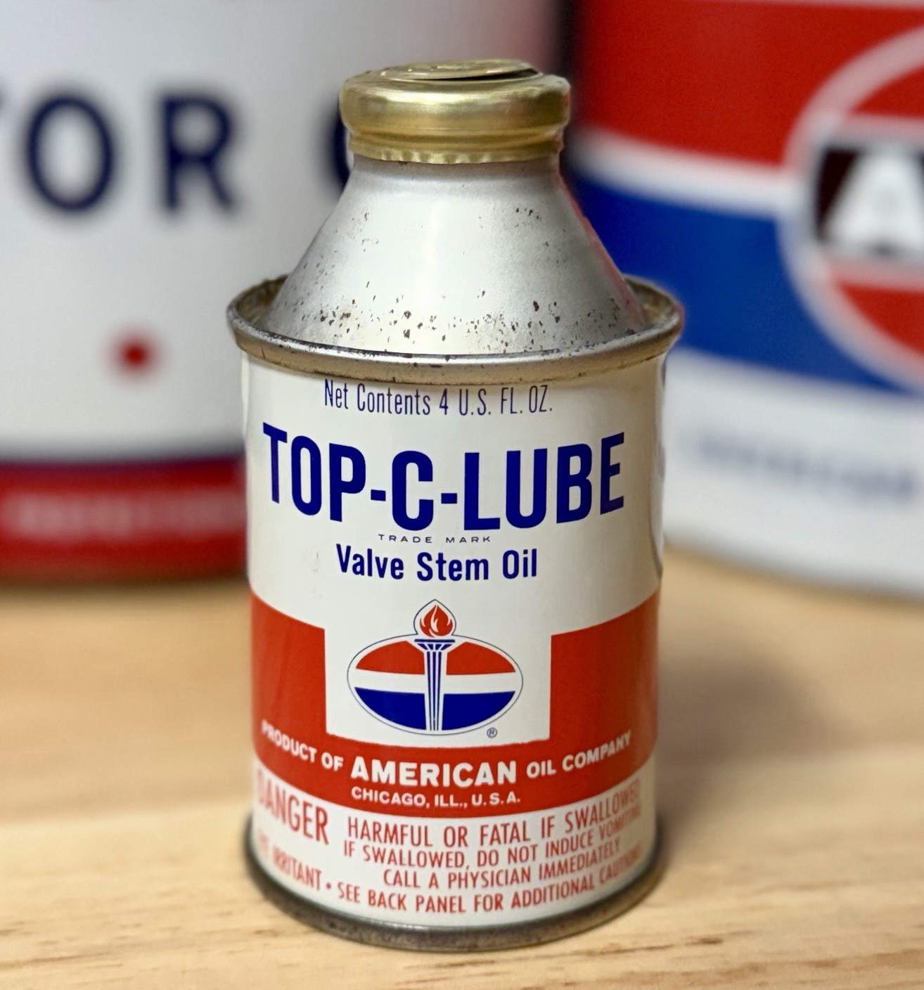 Vintage NOS Top C Lube Valve Stem Oil Can 4oz Cone Top FULL Vintage NOS Top C Lube Valve Stem Oil Can 4oz Cone Top FULL