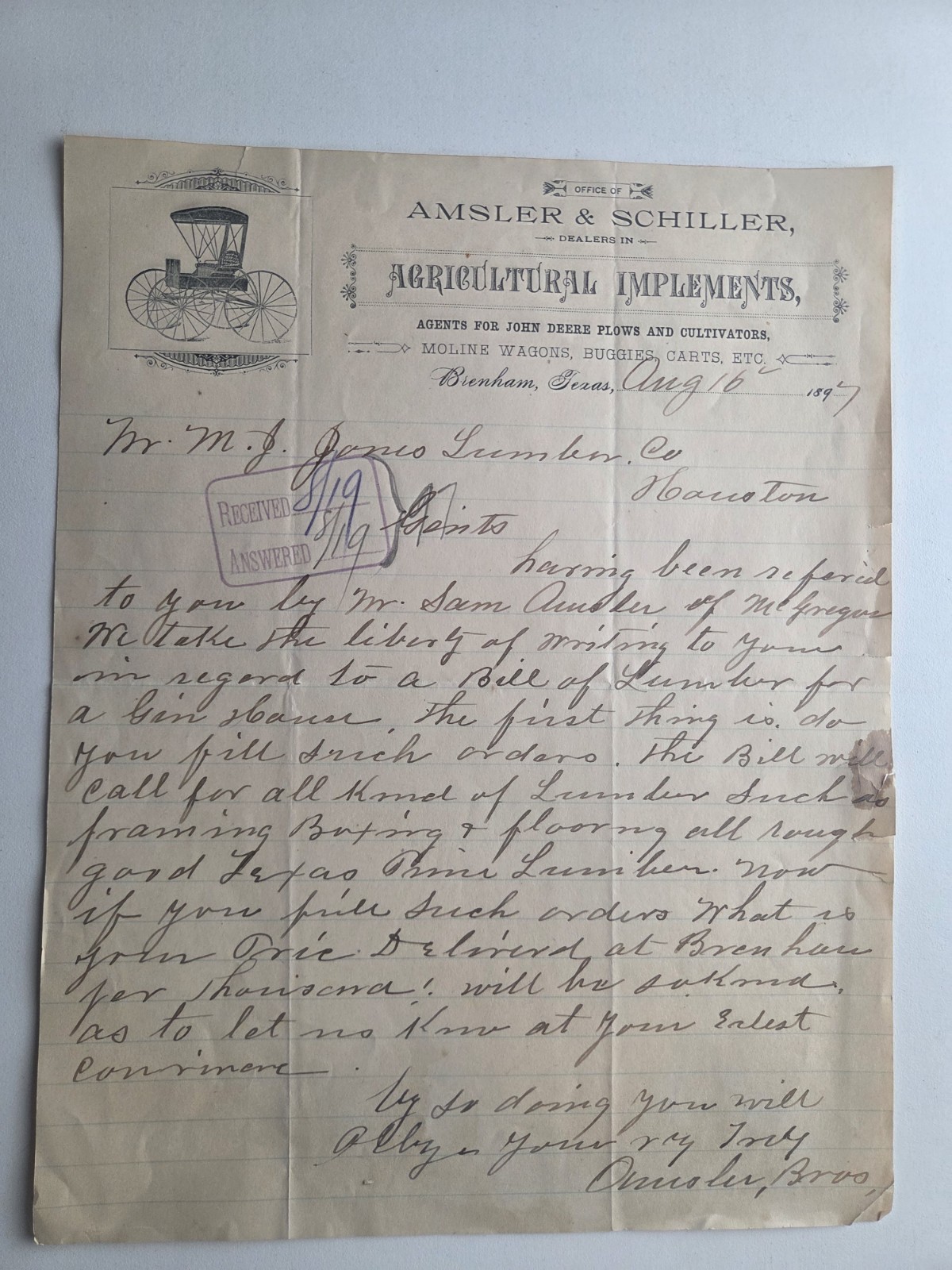 1897 Amsler & Schiller John Deere Dealer Letterhead Brenham Texas Buggy