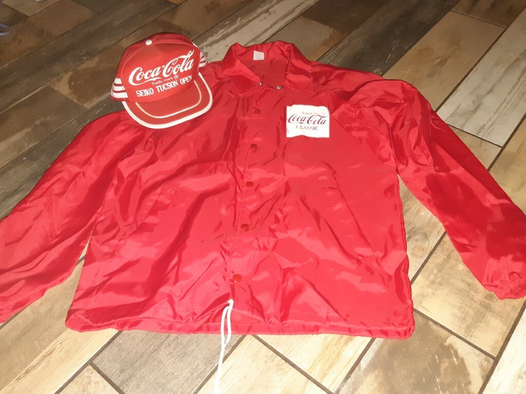 VINTAGE SEIKO COCA COLA THREE STRIPE TRUCKER HAT AND JACKET TUCSON OPEN 1980\'S