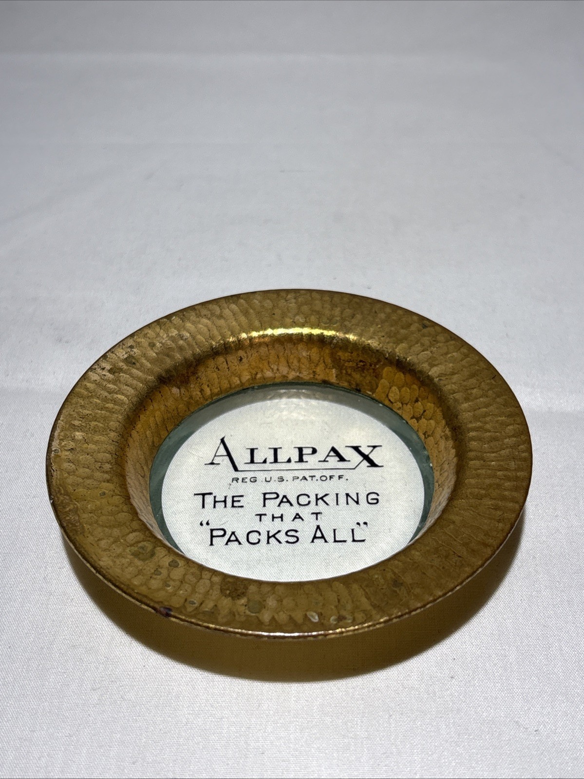 vintage ALLPAX PACKING Glass & tin tip tray ashtray NICE 3 3/8\