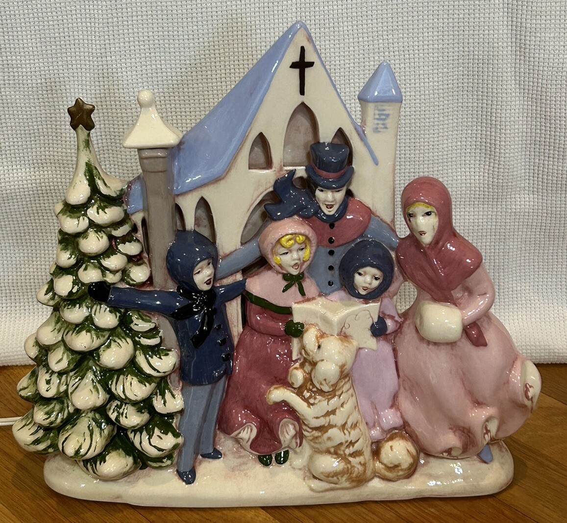 Vtg Atlantic Mold Ceramic Christmas Tree Carolers Lighted Figurine Hand Painted
