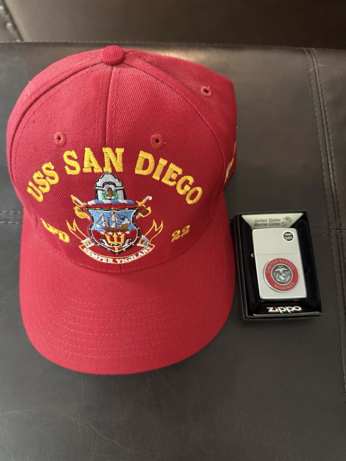 USMC Marine Corps LPD-22 cover USS San Diego and Zippo Lighter Red hat Ball cap