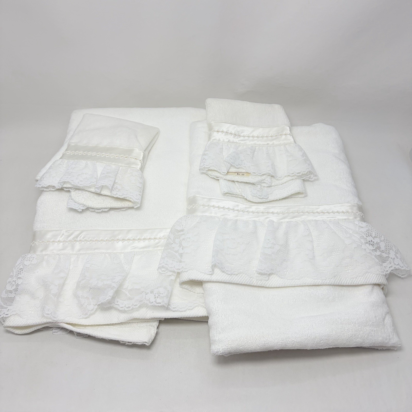 4 Vtg Ames White Lace Ribbon Cotton 2 Guest Towels 2 Washcloth Grannycore Bath