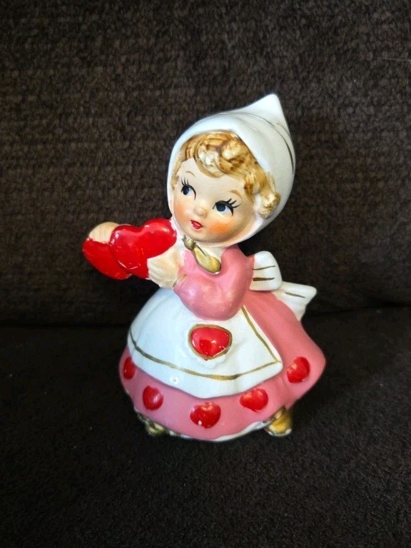 Vintage MCM Lefton 7173 Valentine Girl Pink Dress Hearts Kitschy Figurine-Japan