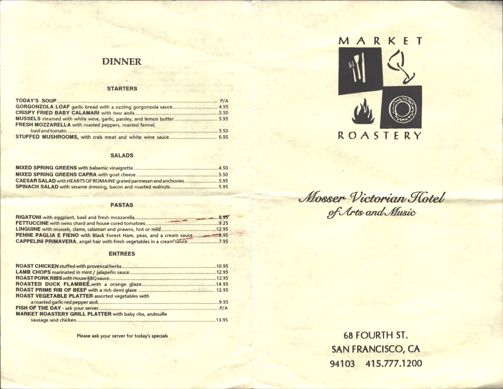 1980s MOSSER VICTORIAN HOTEL - MARKET ROASTERY vintage dining menu SAN FRANCISCO 1980s MOSSER VICTORIAN HOTEL - MARKET ROASTERY vintage dining menu SAN FRANCISCO
