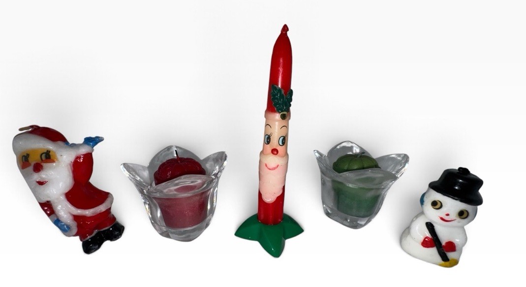 Vintage Christmas Candle Lot Santa Snowman Figural Taper Tulip Glass Holders