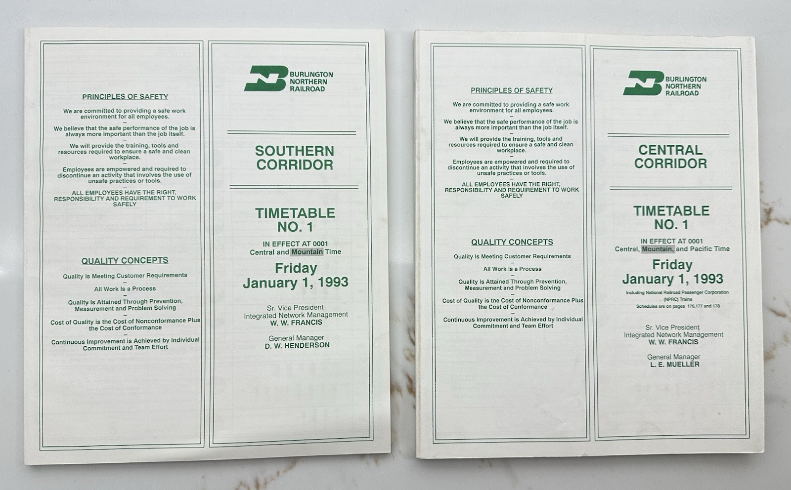 BN Southern & Central Regions ETT No  1  1/1/1993 Burlington Northern Railroad