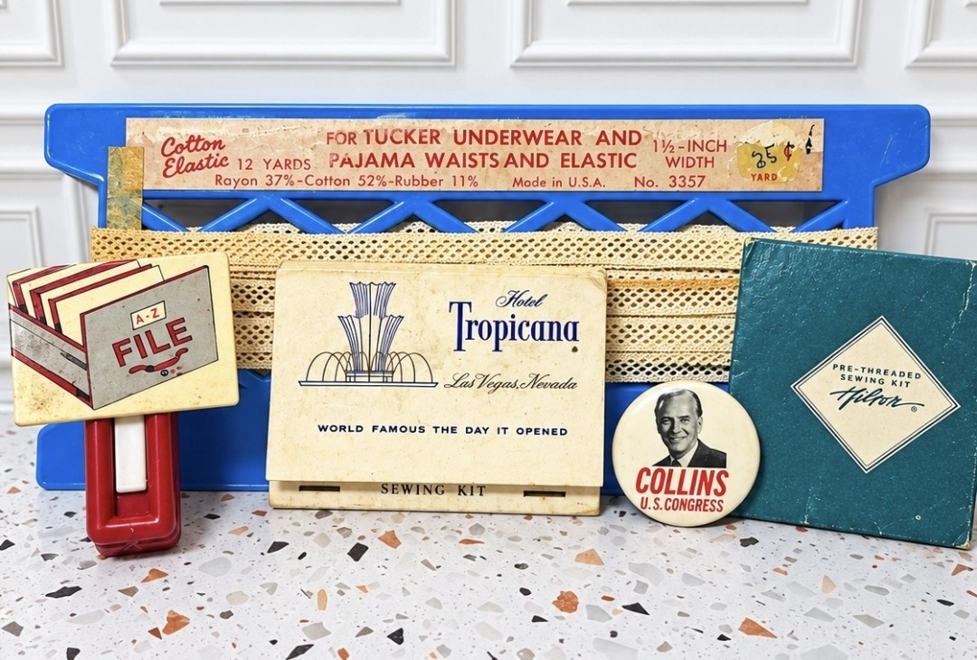VINTAGE SEWING NOTIONS & AD EPHEMERA  ESTATE LOT Tropicana Collins Colton Hilton