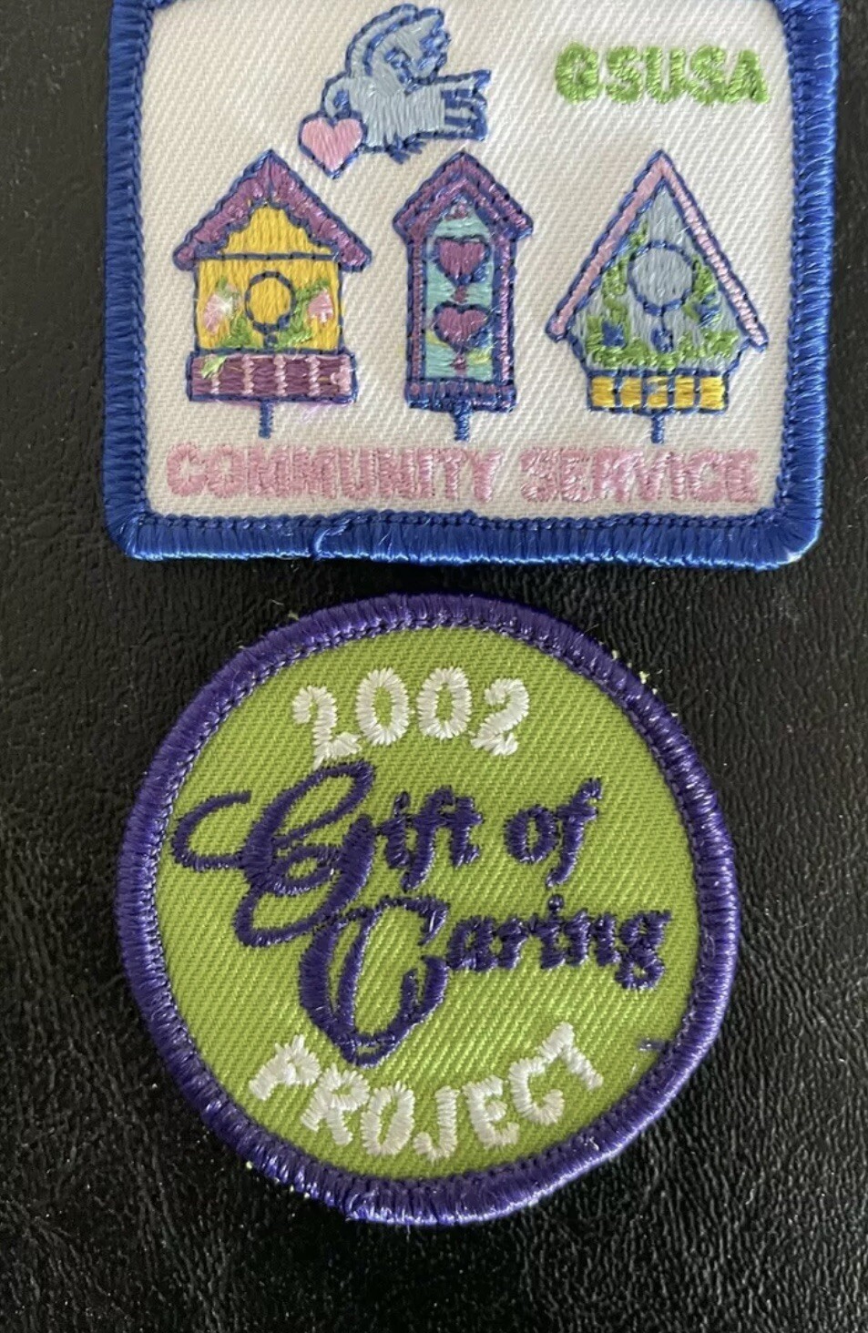 2 NEW VINTAGE GIRL SCOUT PATCHES-COMMUNITY SERVICE,GIFT OF CARING PROJECT 2002