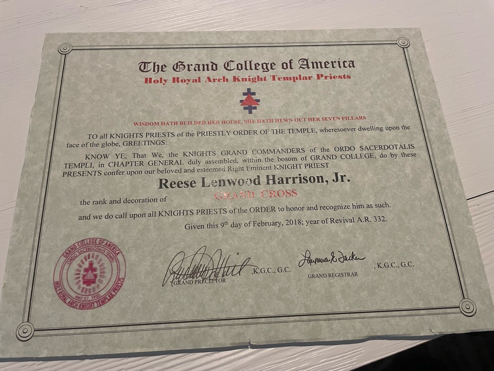 The Grand College of America Holy Royal Arch Knight Templar Priests 2018 Signed