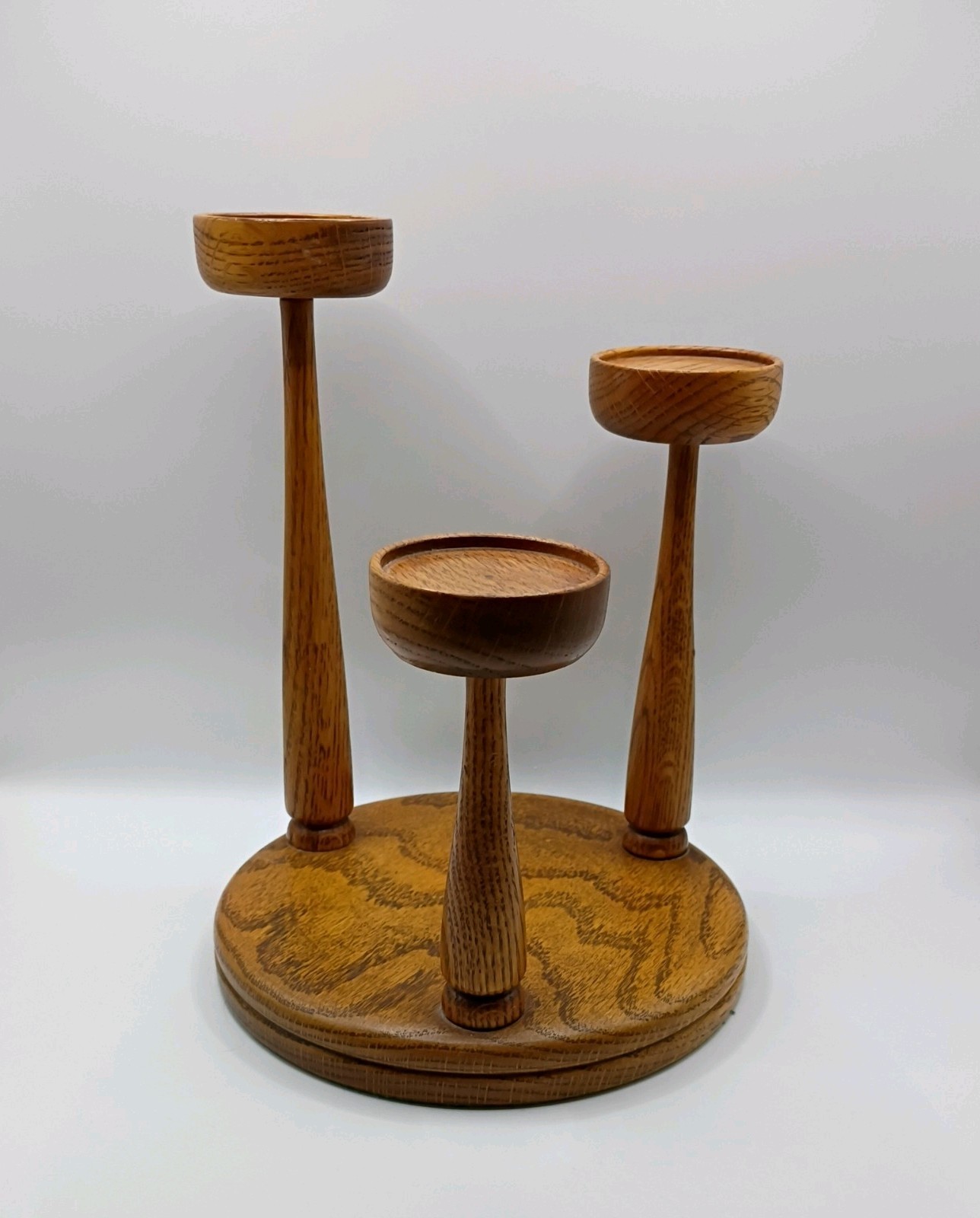 VTG MCM Mid Century Modern Round Wood Candle Holder Staggered Height 3 Candles 
