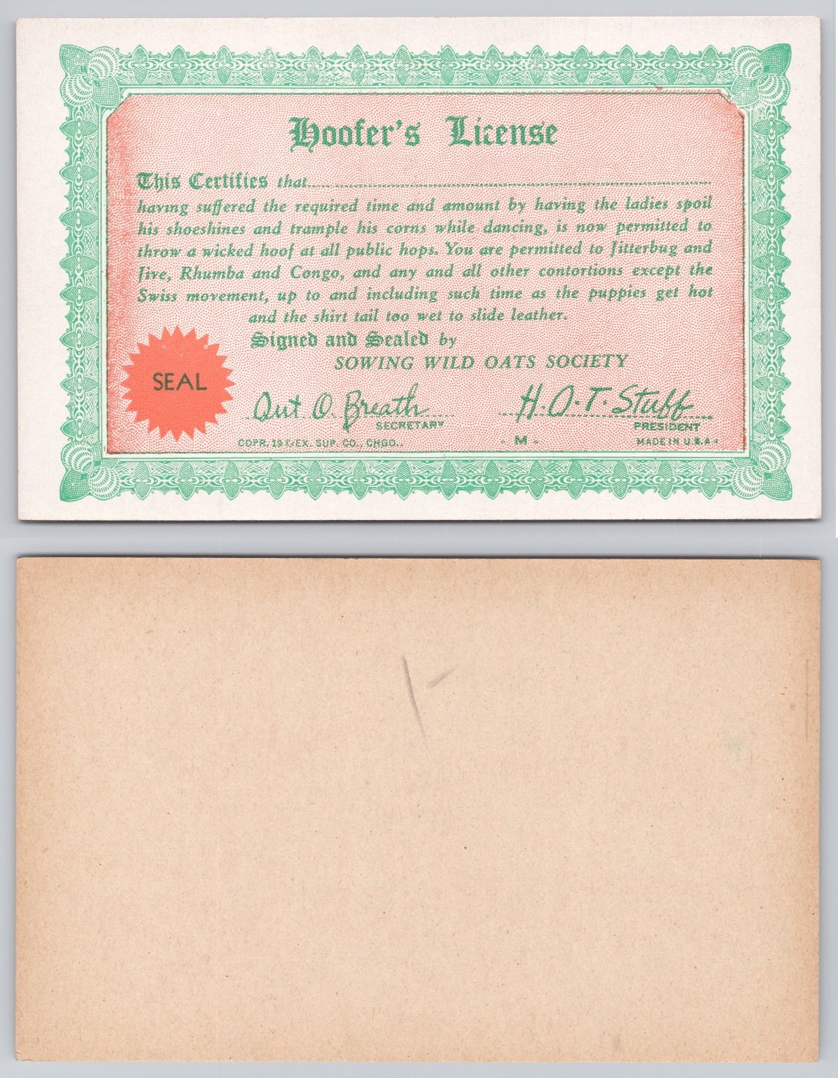 Vintage Hooper's License Funny Novelty Postcard Sowing Wild Oats Society 1910s