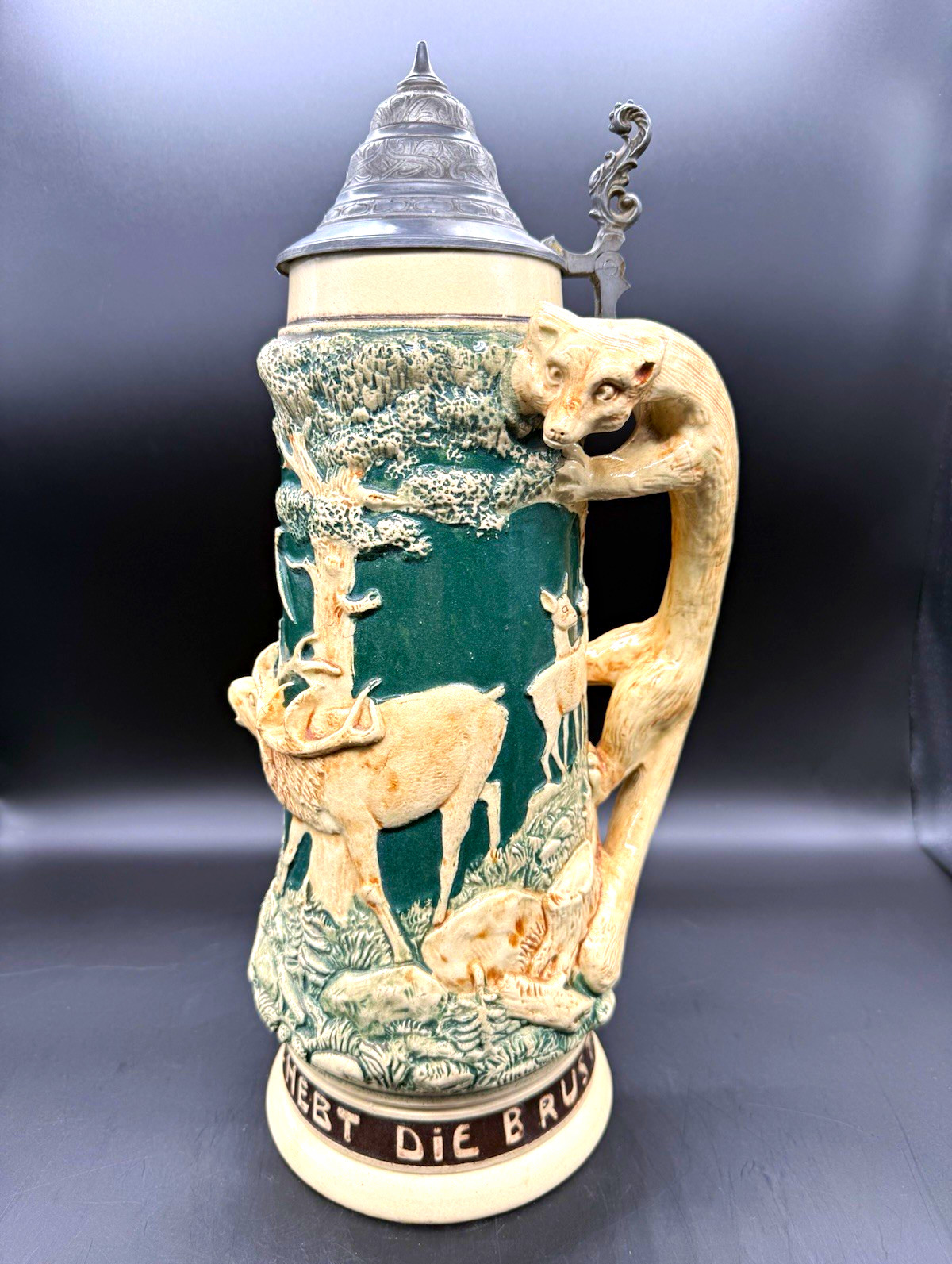 Vintage German Hunting Beer Stein Pewter Lid–Waidmannslust Hebt Die Brust 16in.