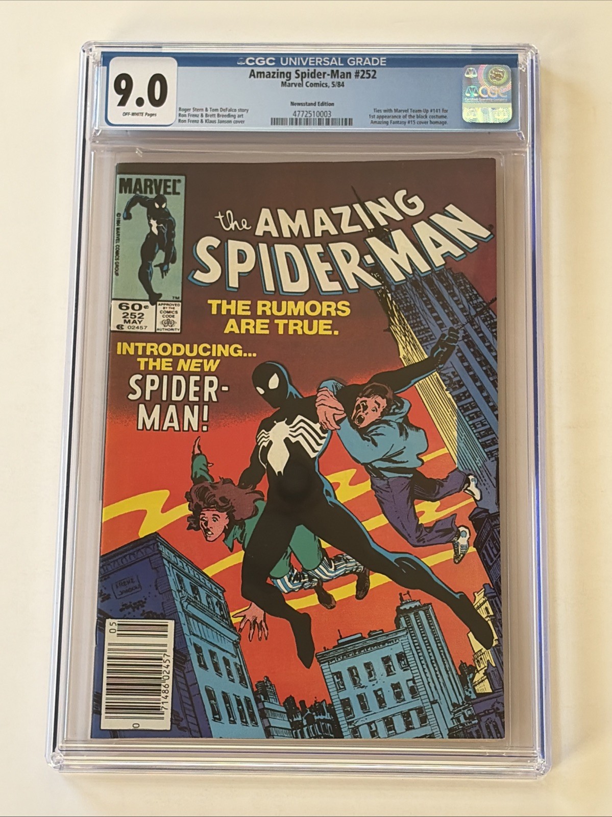 Amazing Spider-Man #252 (1984) CGC 9.0 Newsstand Variant - 1st Black Suit Marvel Amazing Spider-Man #252 (1984) CGC 9.0 Newsstand Variant - 1st Black Suit Marvel