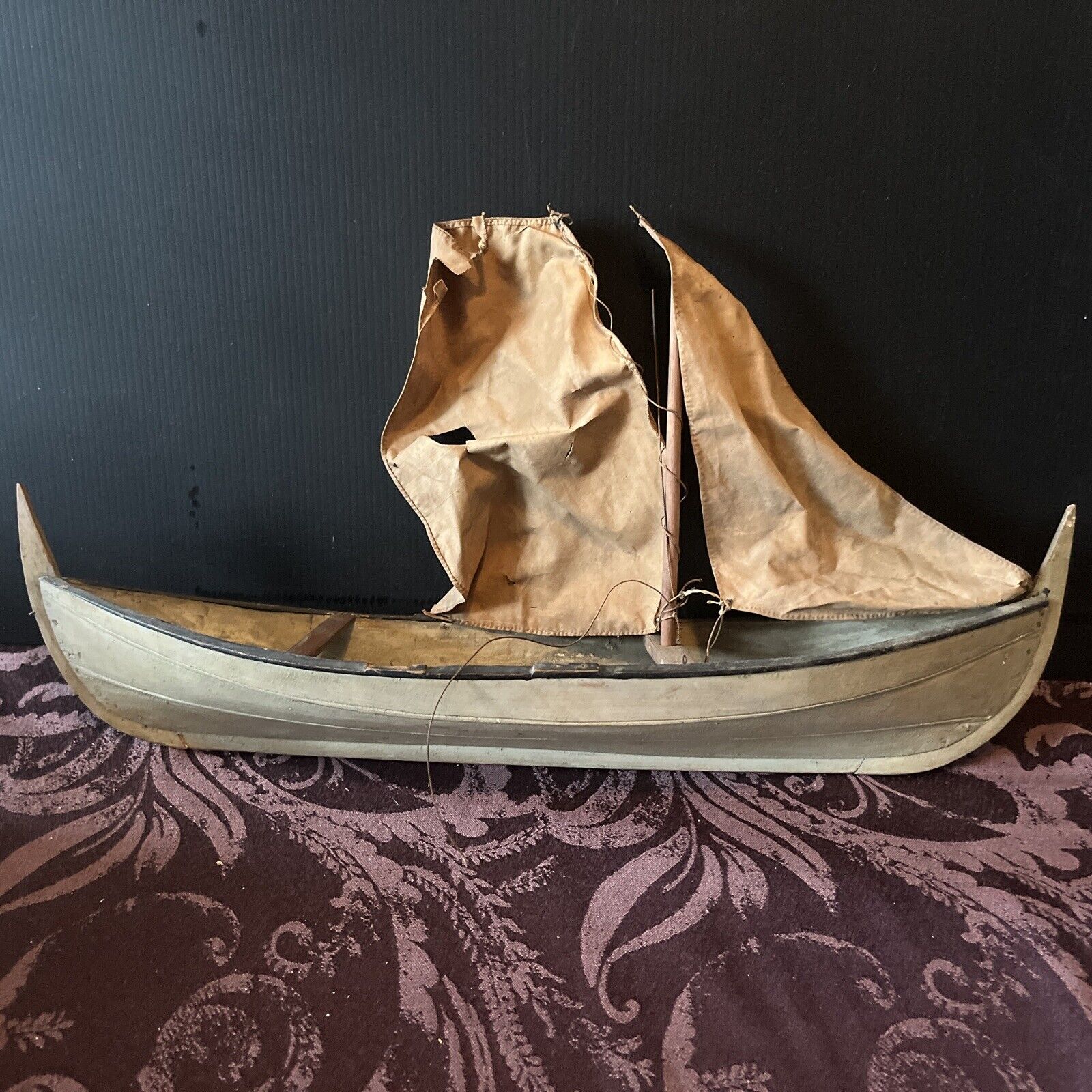 Vintage American Handcrafted 19” Canoe Boat with Sail Model Folk Art Provenance