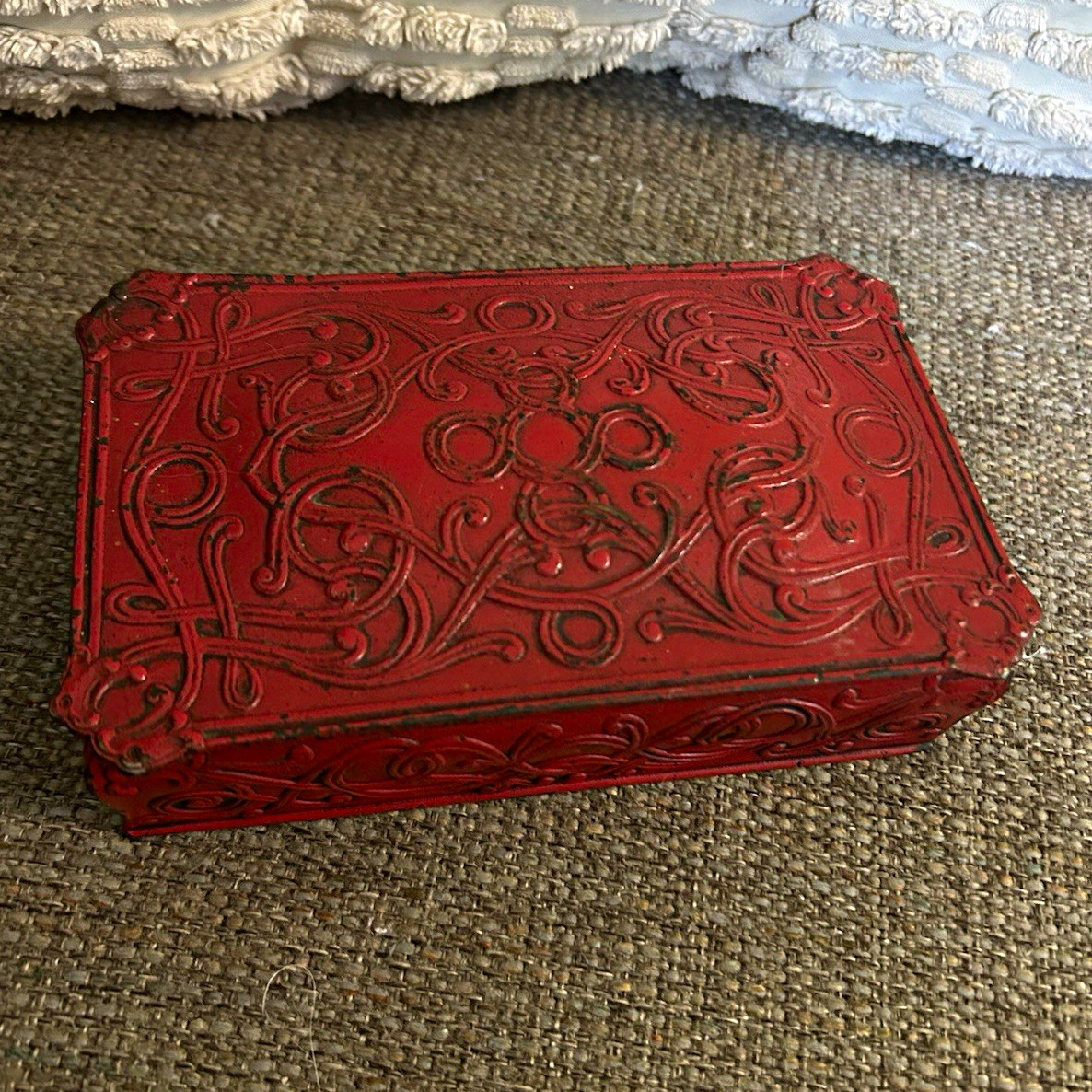 Vintage Marshall Field & Co. red metal scroll design, wood lining, Kamakura box