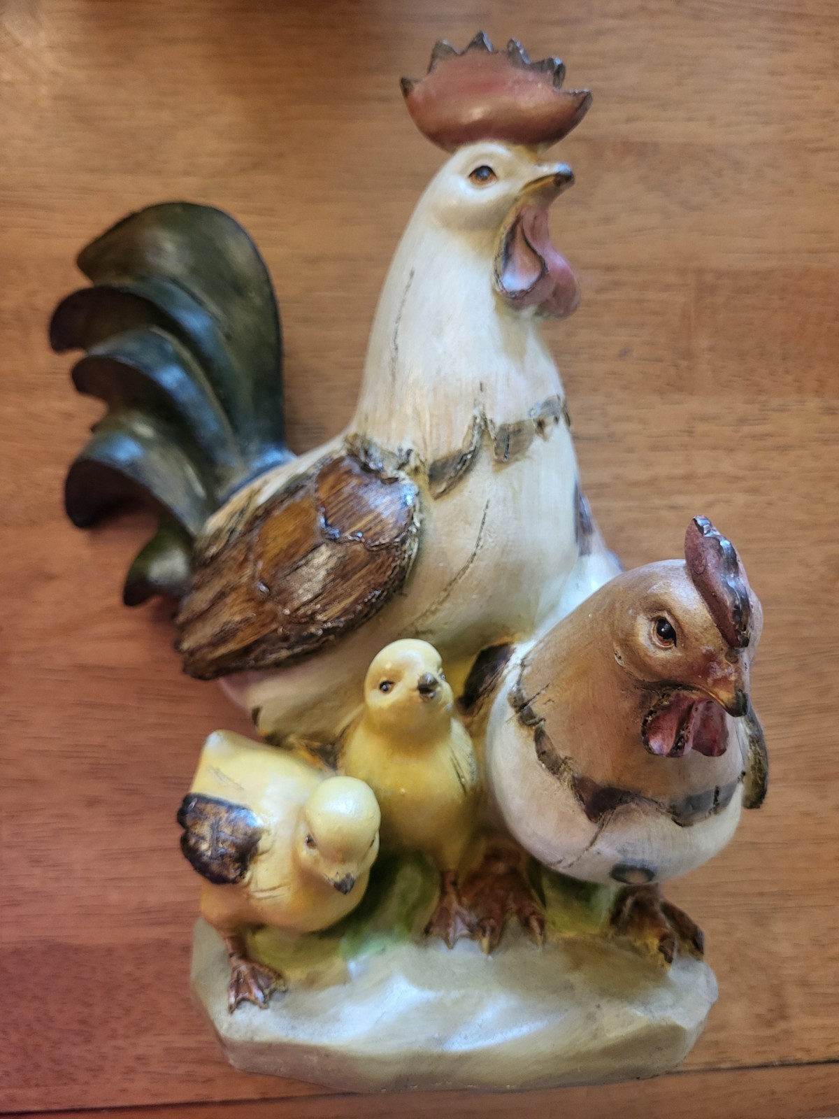 Vintage Hand Painted Chicken Family Sculpture Farmhouse Wood Look Resin 9 Inches