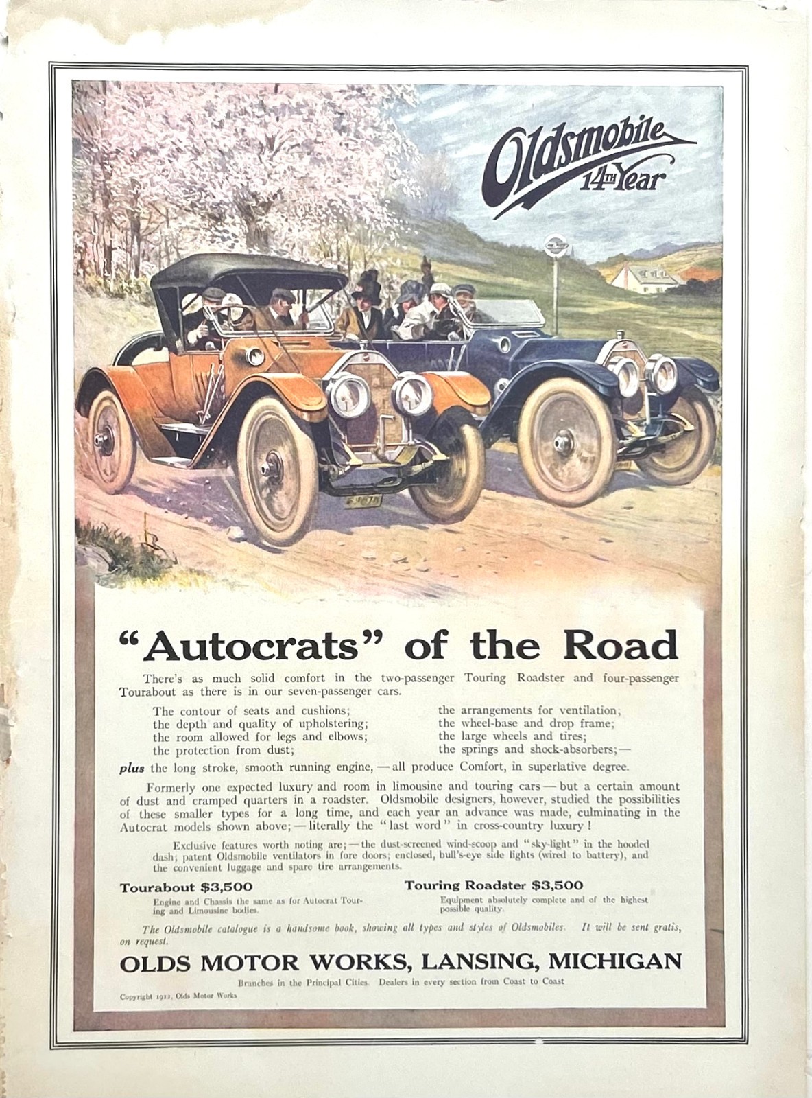 1912 Ad (10 X 14 inches) Olds Motor Works Lansing MI Tourabout Touring Roadster