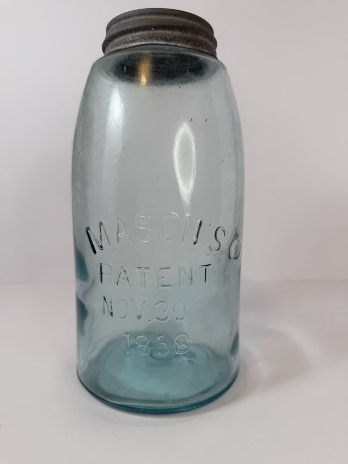 Vintage Mason’s Patent Nov 30th 1858 Aqua Half Gallon Jar Zinc Lid