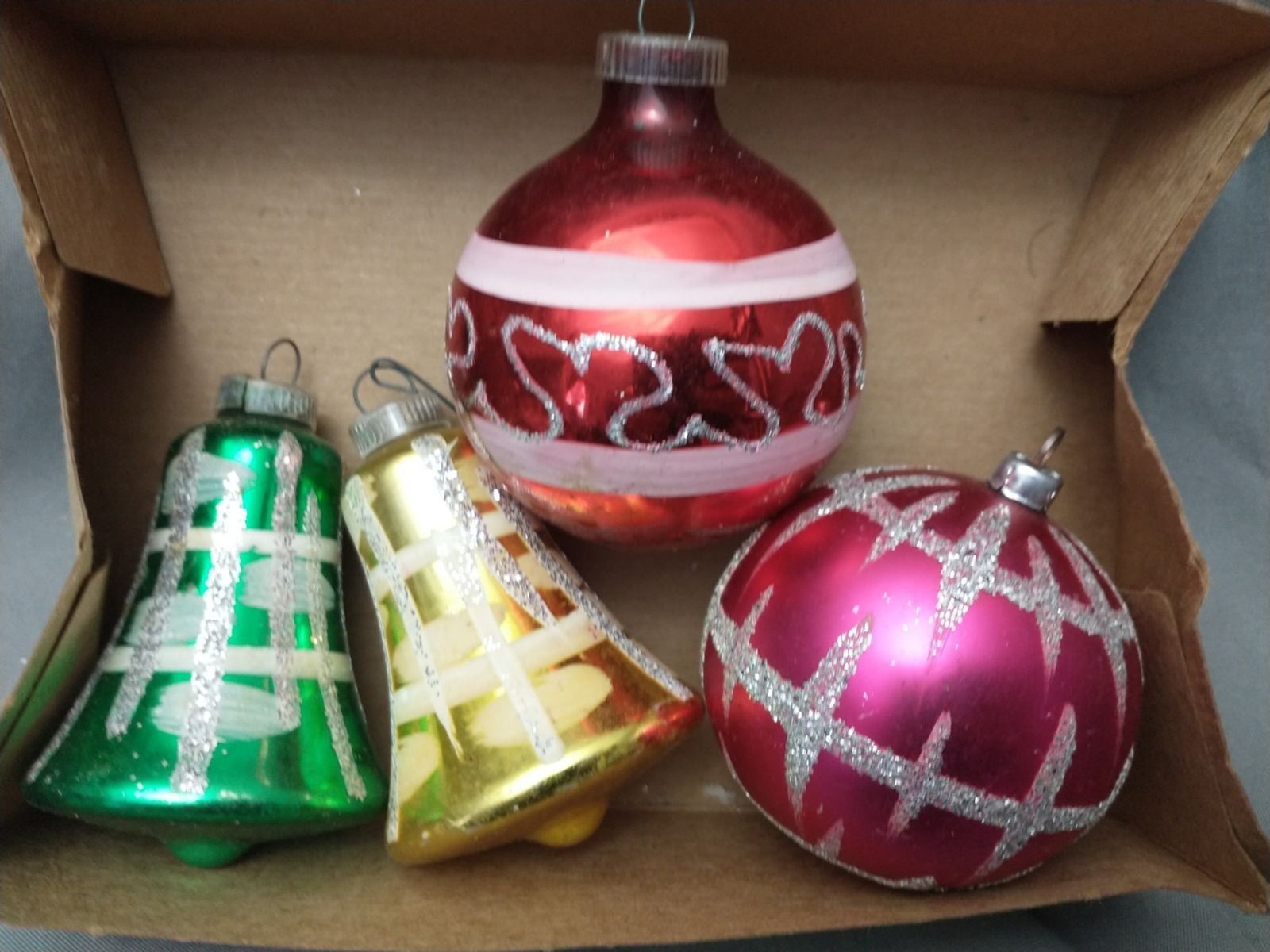 4 Blown Glass Mica Glitter Christmas Vintage Ornaments West Germany Bells