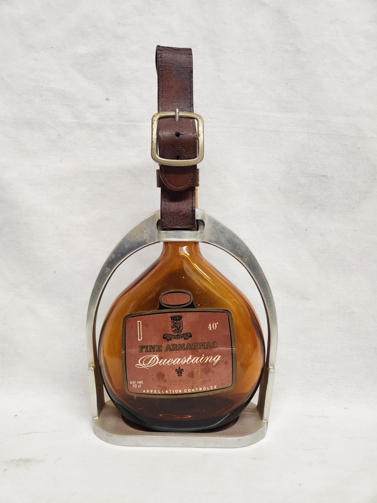 Vtg ARMAGNAC Ducasting Liquor Bottle On Metal Saddle Stirrup Leather Strap Horse Vtg ARMAGNAC Ducasting Liquor Bottle On Metal Saddle Stirrup Leather Strap Horse