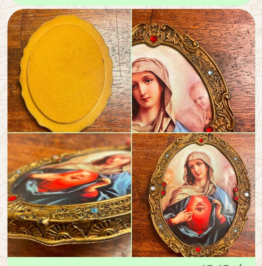 Antique Brass Art Deco Frame Print Virgin Mary Sacred Heart Tabletop Plaque Rare