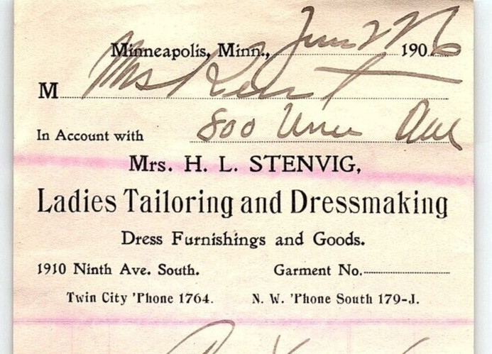 1906 MRS H L STENVIG LADIES TAILORING DRESSMAKING MINNEAPOLIS MN INVOICE Z7059 1906 MRS H L STENVIG LADIES TAILORING DRESSMAKING MINNEAPOLIS MN INVOICE Z7059