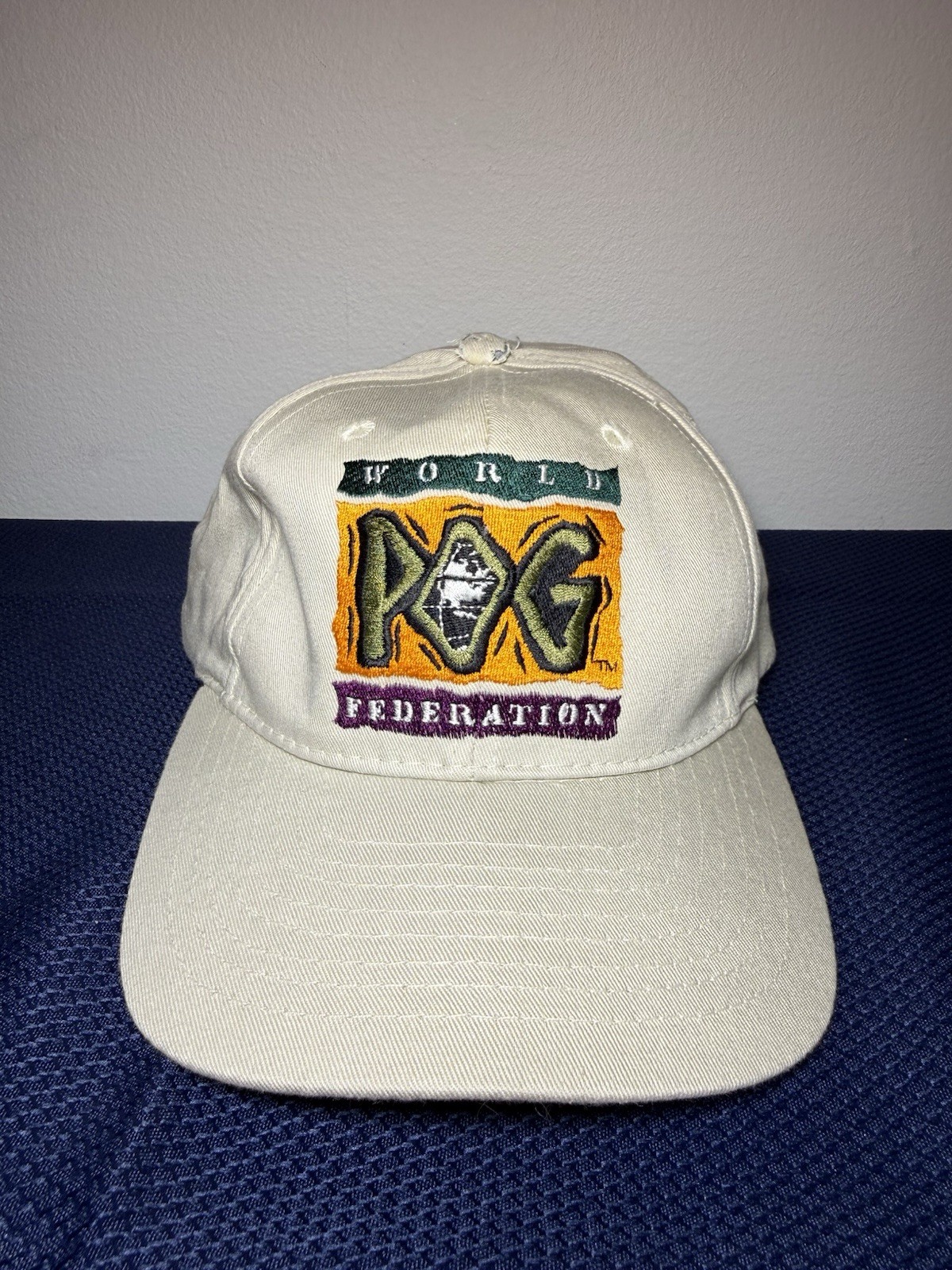 Vintage POG World Pog Federation Cap Hat Snapback Beige 90s Advertising Promo