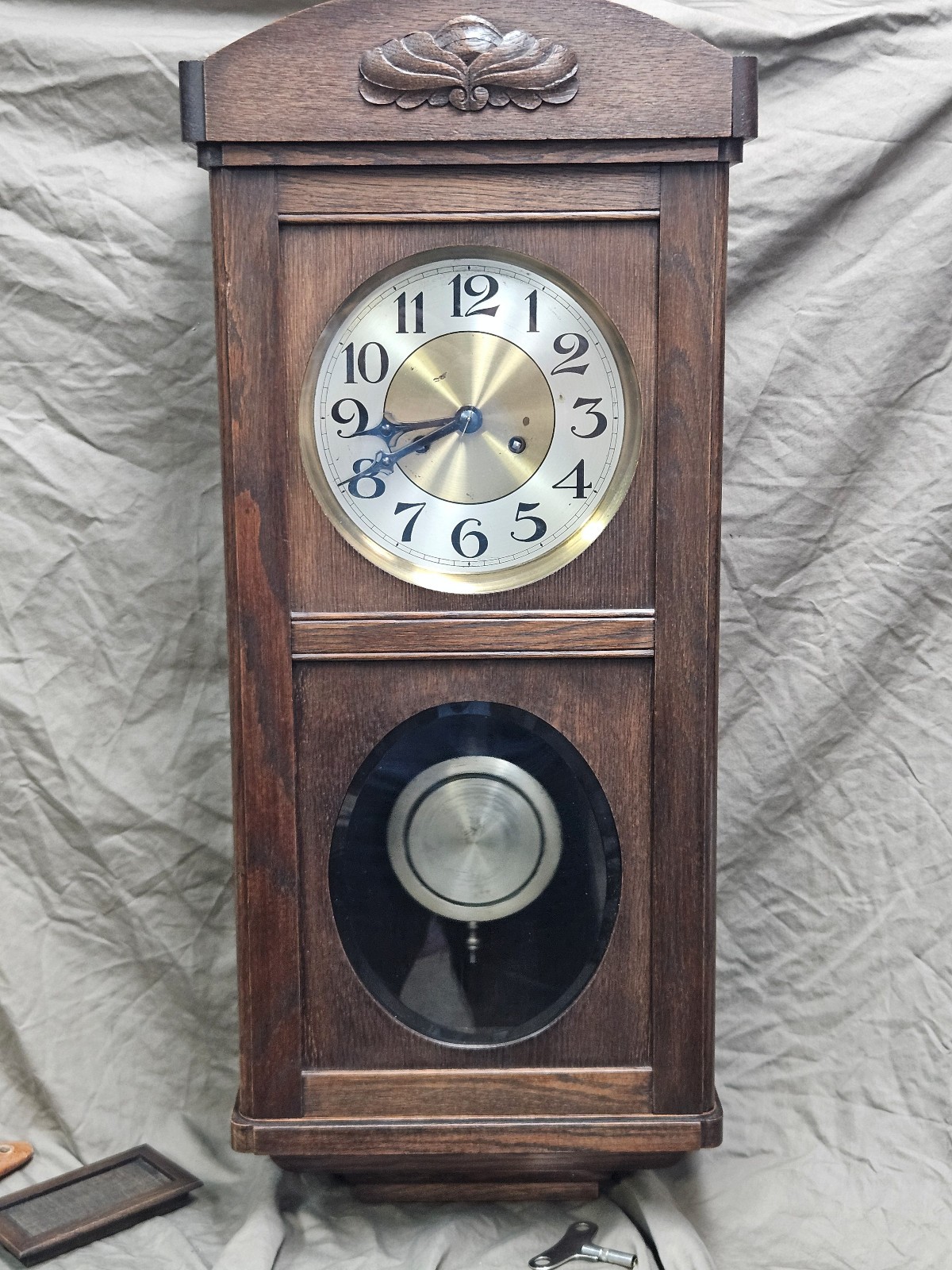 German Solid Oak Wall Clock Vintage 1950-1960s German Solid Oak Wall Clock Vintage 1950-1960s