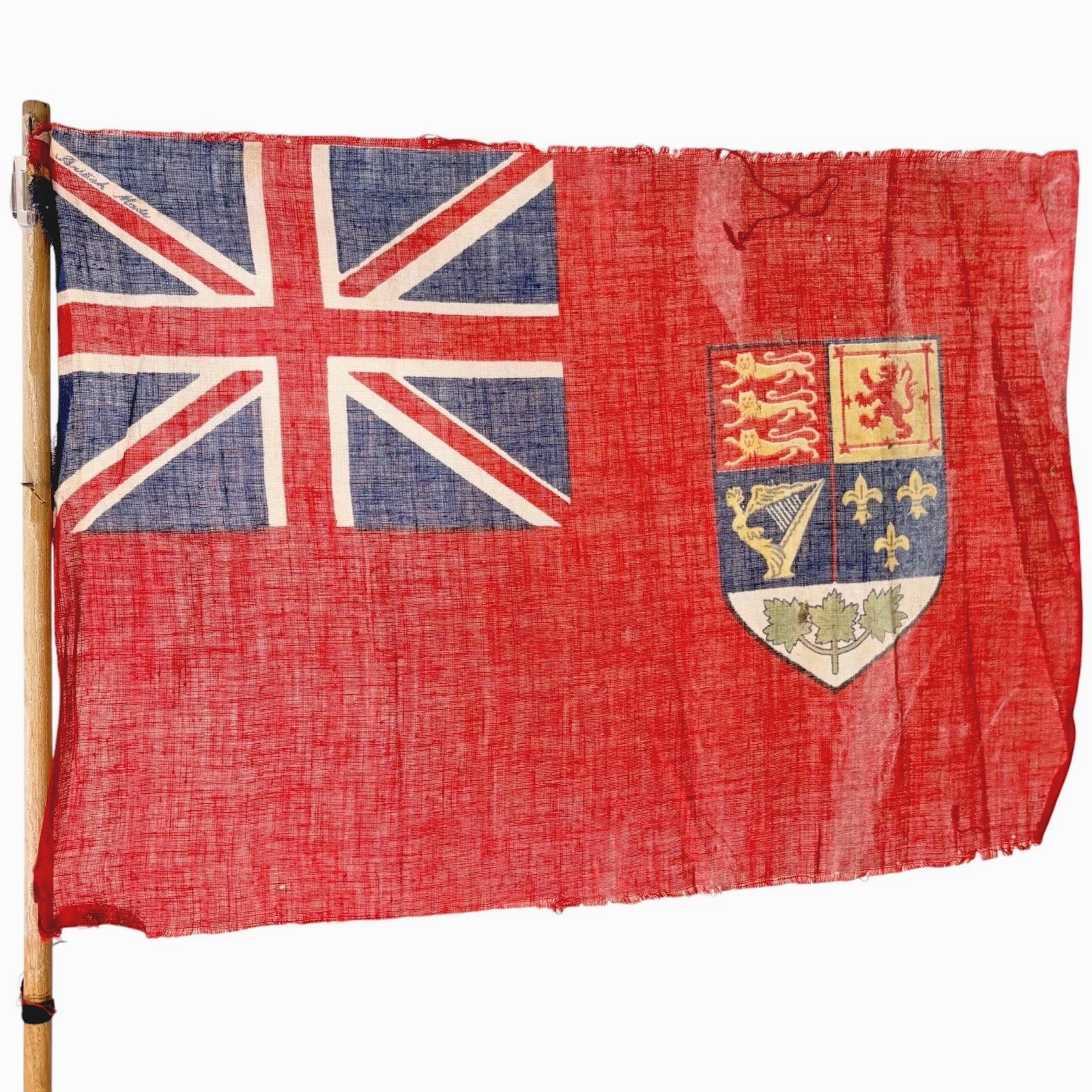 Vintage (Or Antique) Canadian Red Ensign Flag Cotton Coat of Arms Wooden Stick