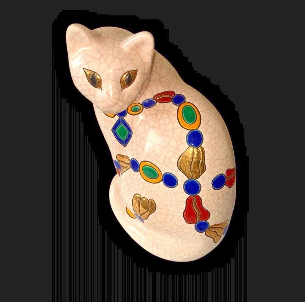 Vintage Faienceries de Longwy Joyaux Pottery & Enamel Cat Figurine France
