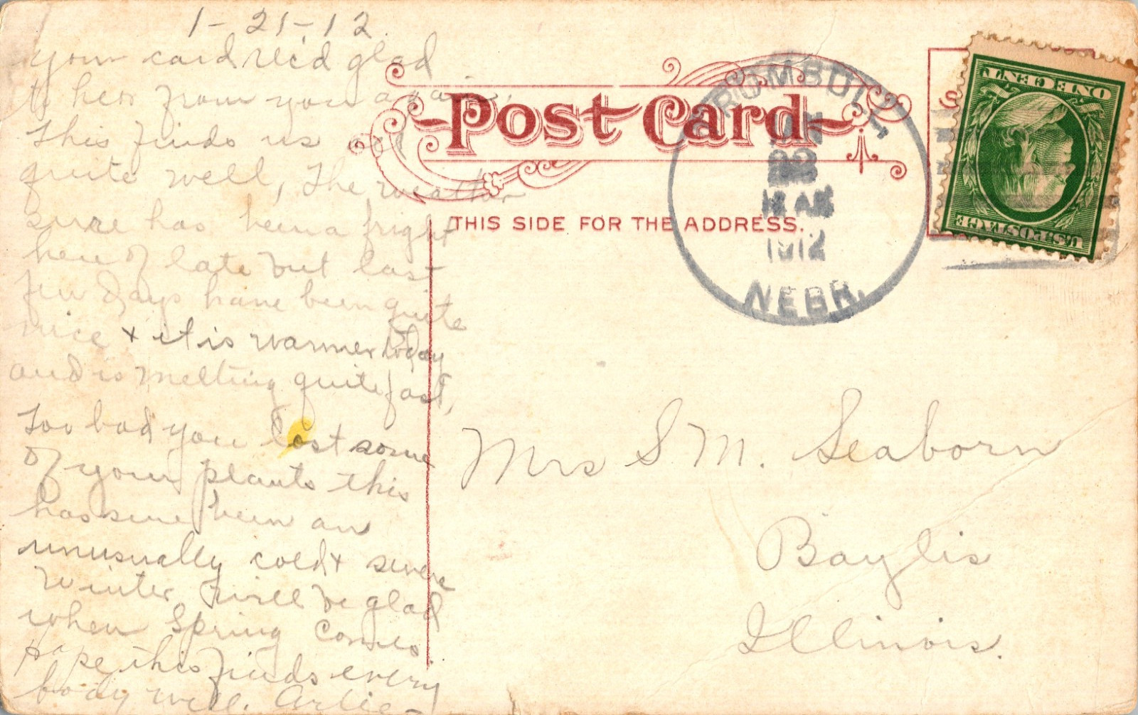 1912 Trumbull Nebraska Postmark Hastings NE Congregational Church Postcard