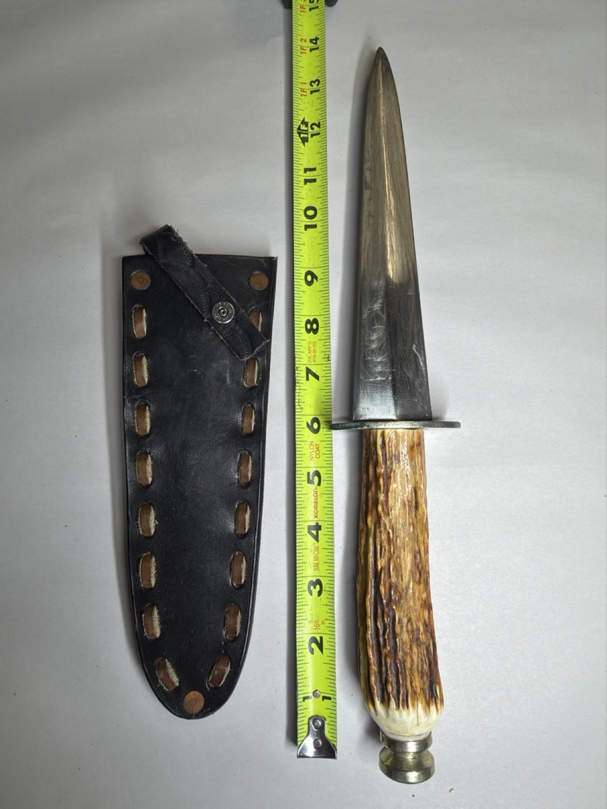Vintage Kinfolks Stag Handle Hunting Knife w/ Orig Leather Sheath 8” Blade