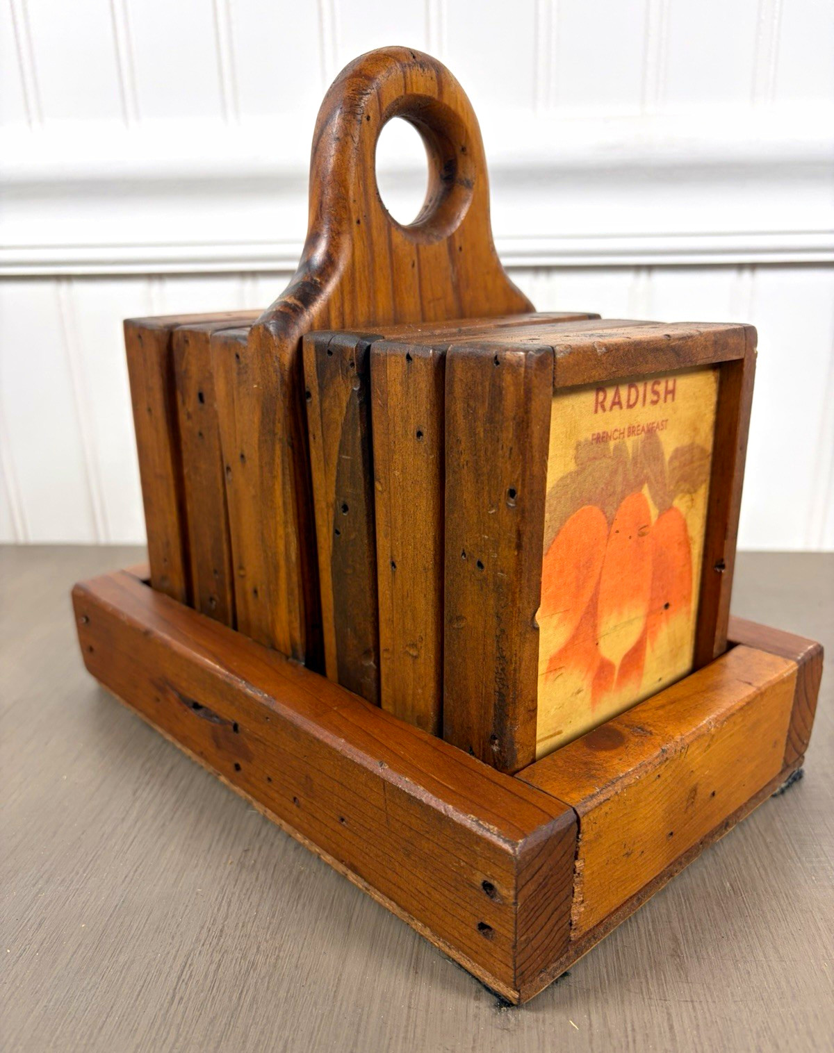 Vintage Wooden Drink Coaster Set with Caddy • Antique Seed Packet Art Folk Art D