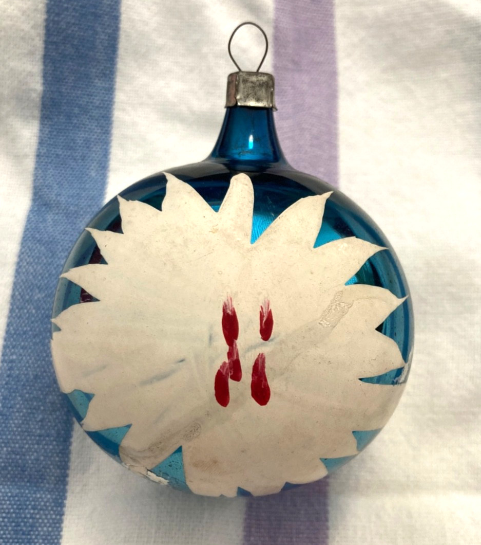 Mouth Blown Blue w/White Flower Heim Christmas Ornament *Marked Cap* HandPainted