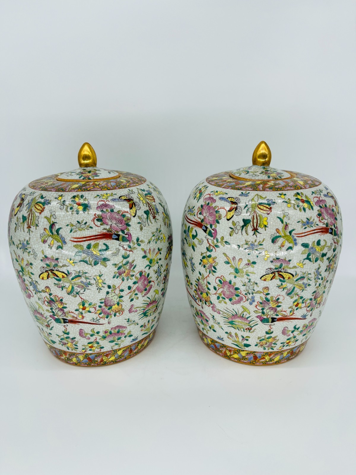 Large Pair Vintage Asian Chinoiserie Bird Pink Melon Ginger Jars Large Pair Vintage Asian Chinoiserie Bird Pink Melon Ginger Jars