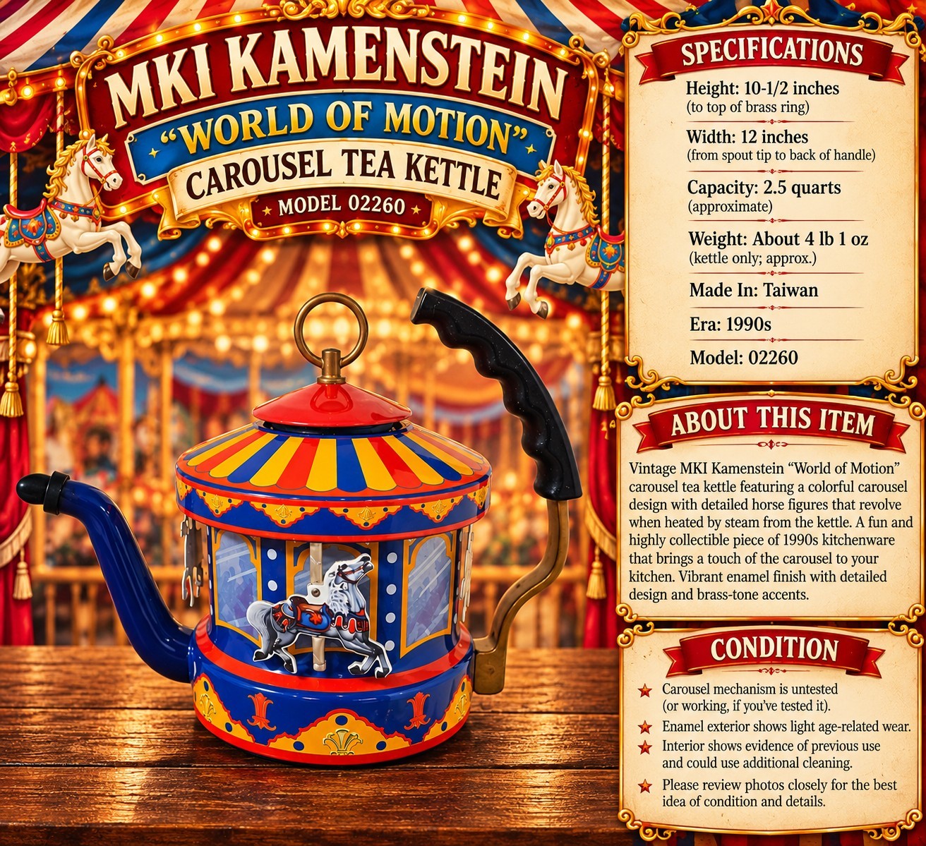 Vintage 1990s MKI Kamenstein Carousel Steam Powered Tea Kettle Enamelware 02260 