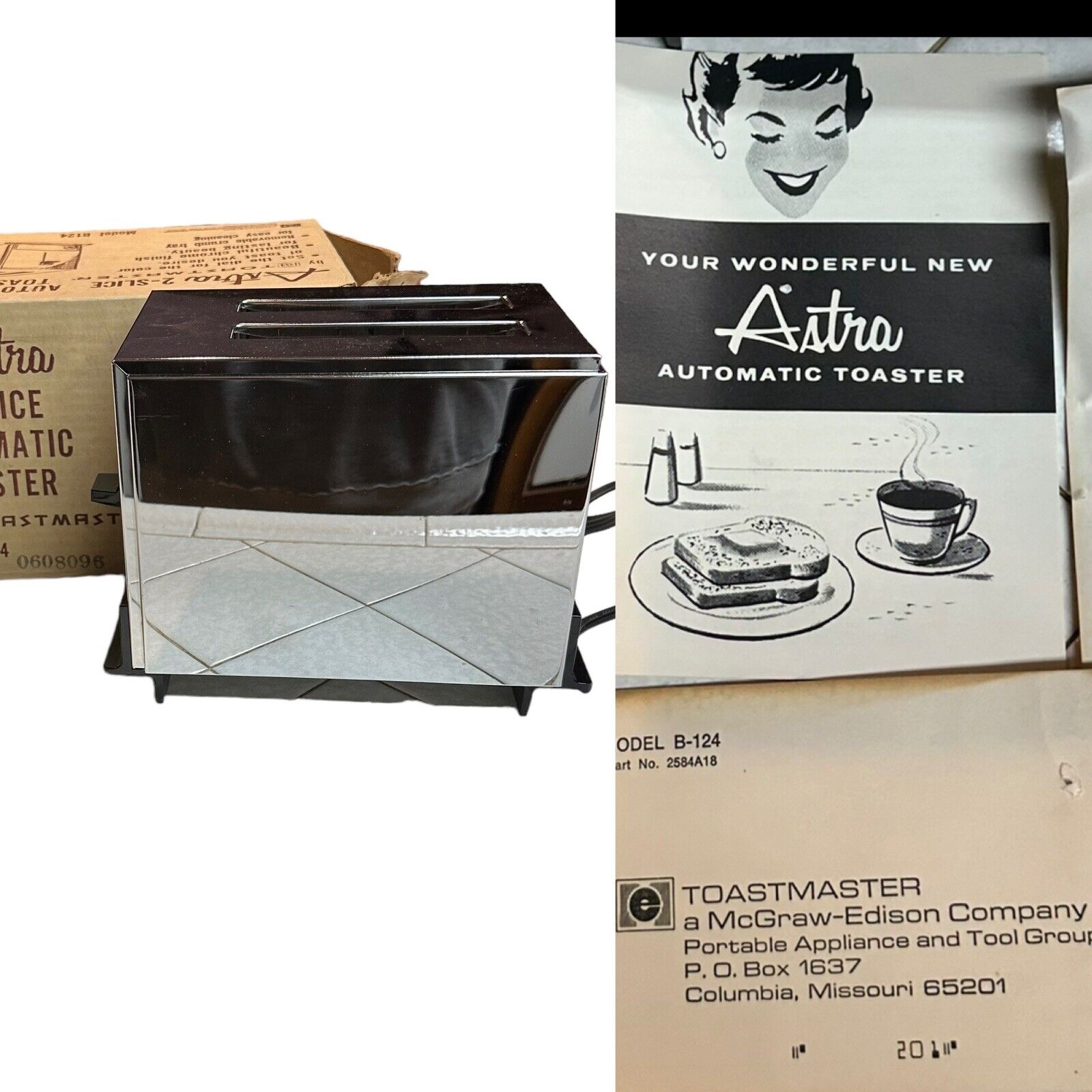 Vintage 70s Chrome Astra 2-Slice Automatic Toaster - Toastmaster Model B124